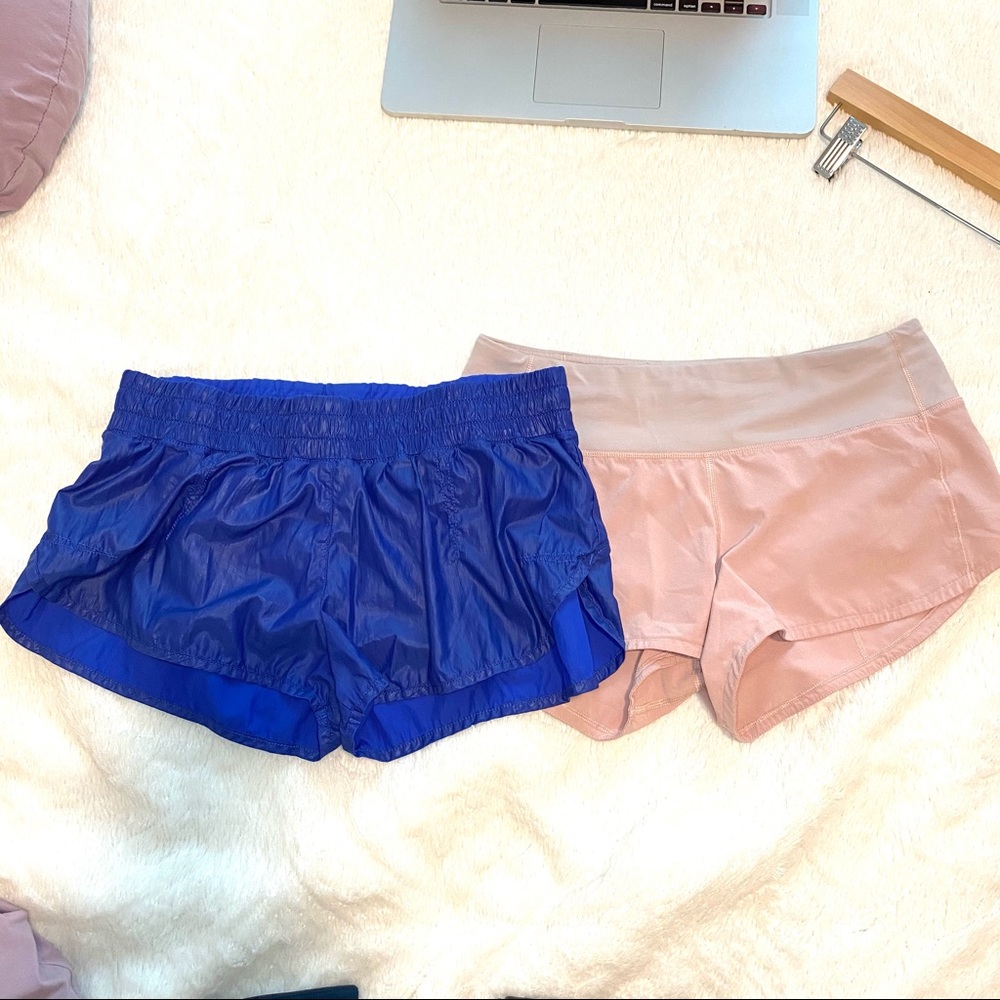 Lululemon pink shorts + Lorna Jane blue shorts